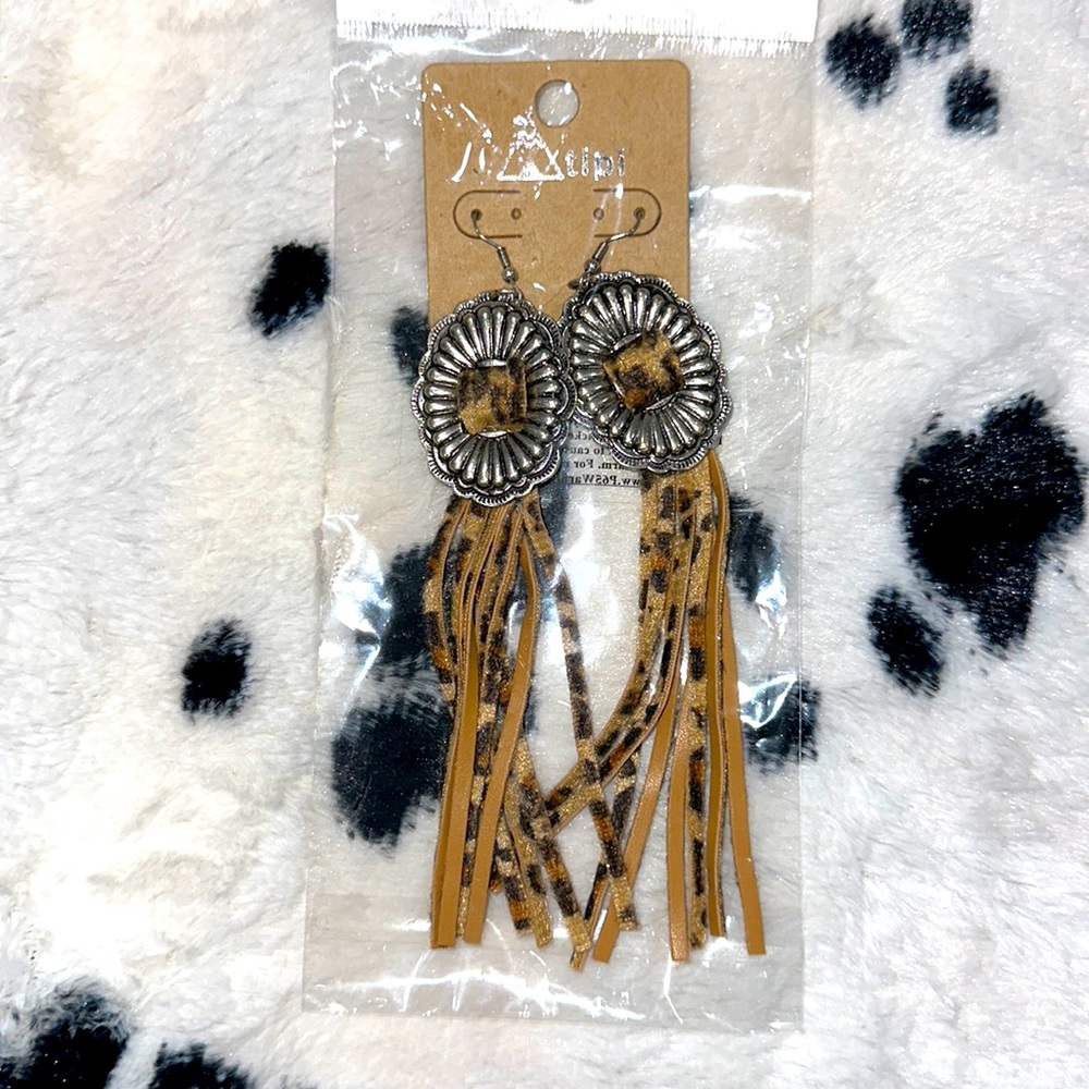 Leopard Print Hook Concho Fringe Earrings